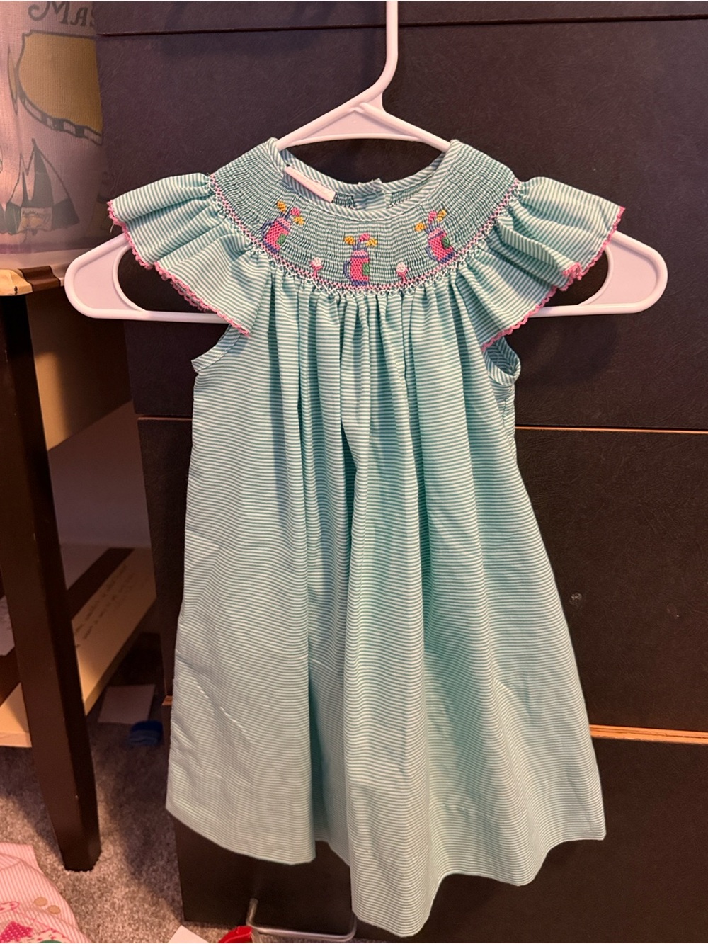Girls' Mint Green Smocked Casual Dress with Pink Trim